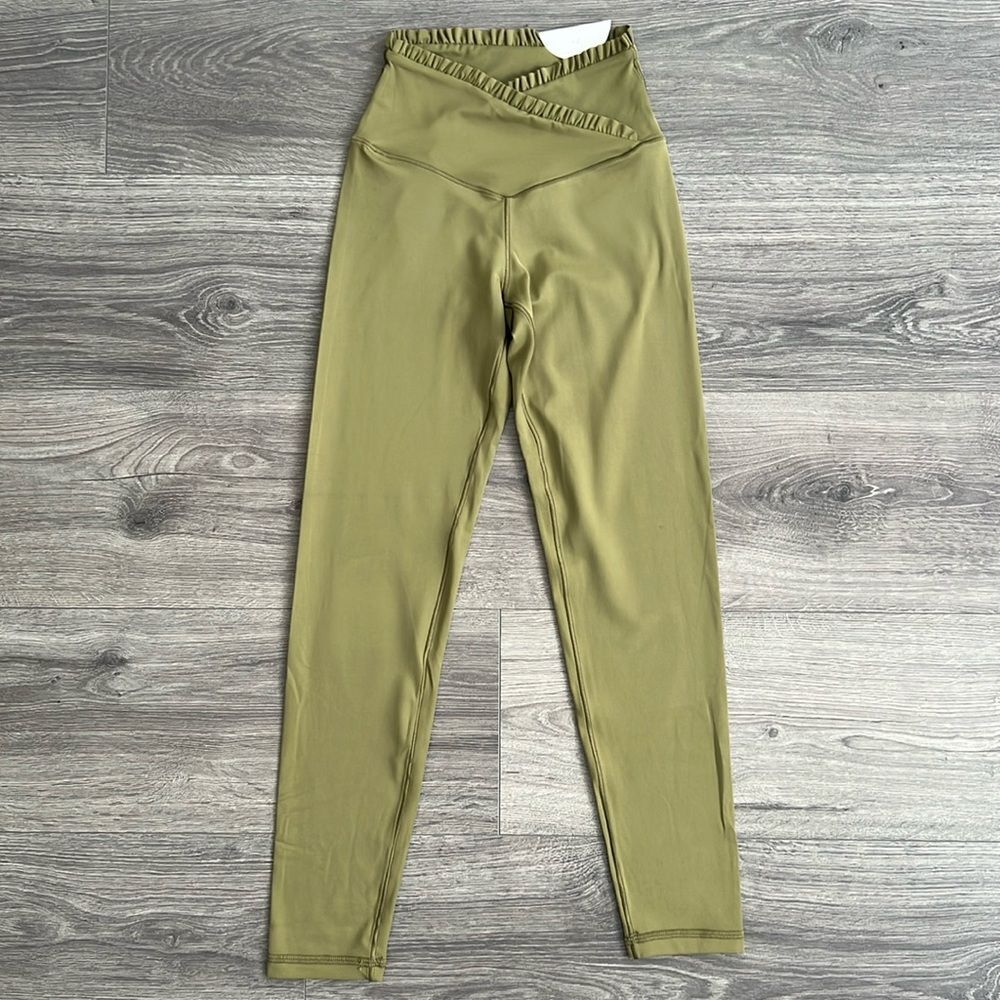 AERIE REAL ME Xtra Crossover Ruffle Legging Small Olive Green Activewear NWT